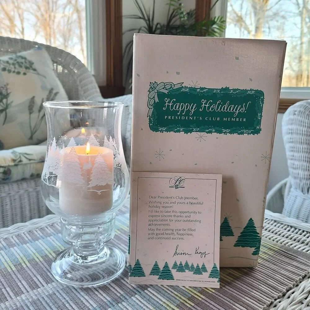Vintage Avon President's Club 1996 Luminarc Glass Hurricane Lamp Sleigh Ride